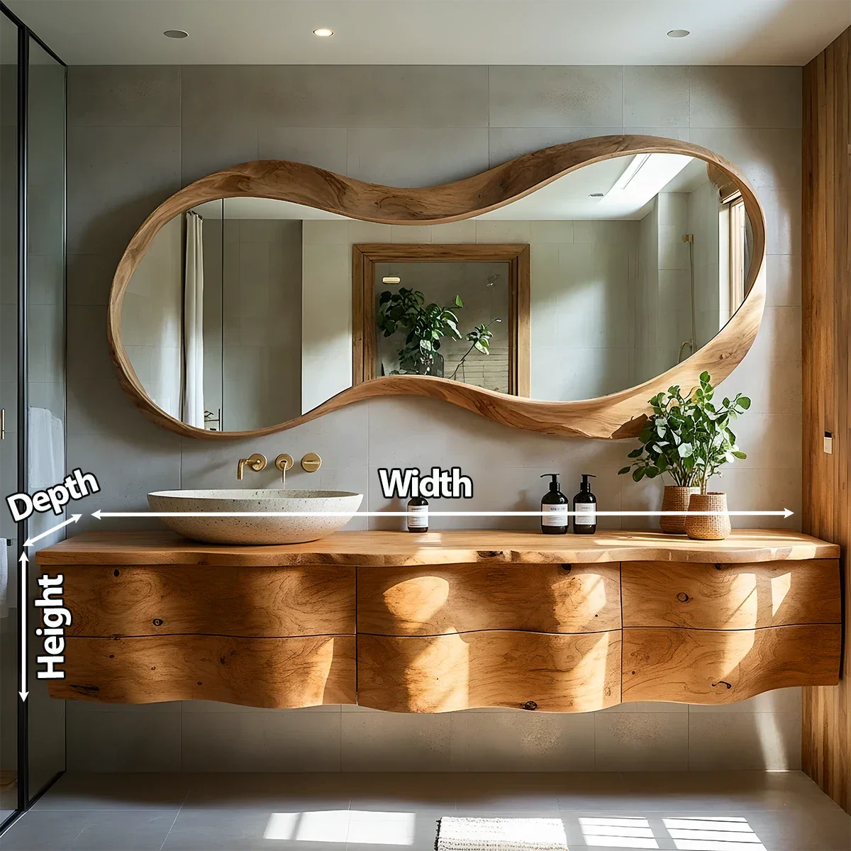 Live Edge Solid Wood Floating Vanity with Sculptural Mirror - Rustira