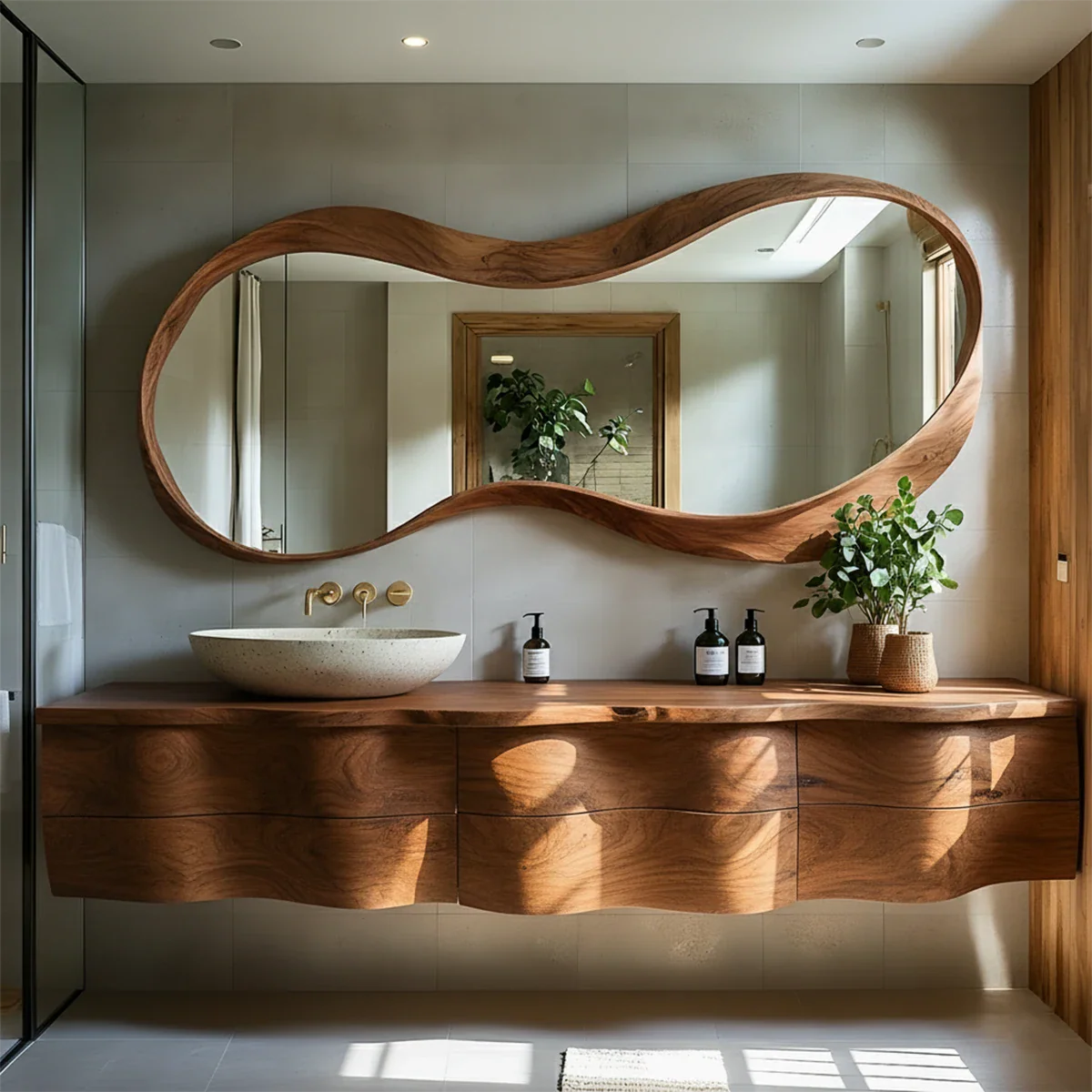 Live Edge Solid Wood Floating Vanity with Sculptural Mirror - Rustira