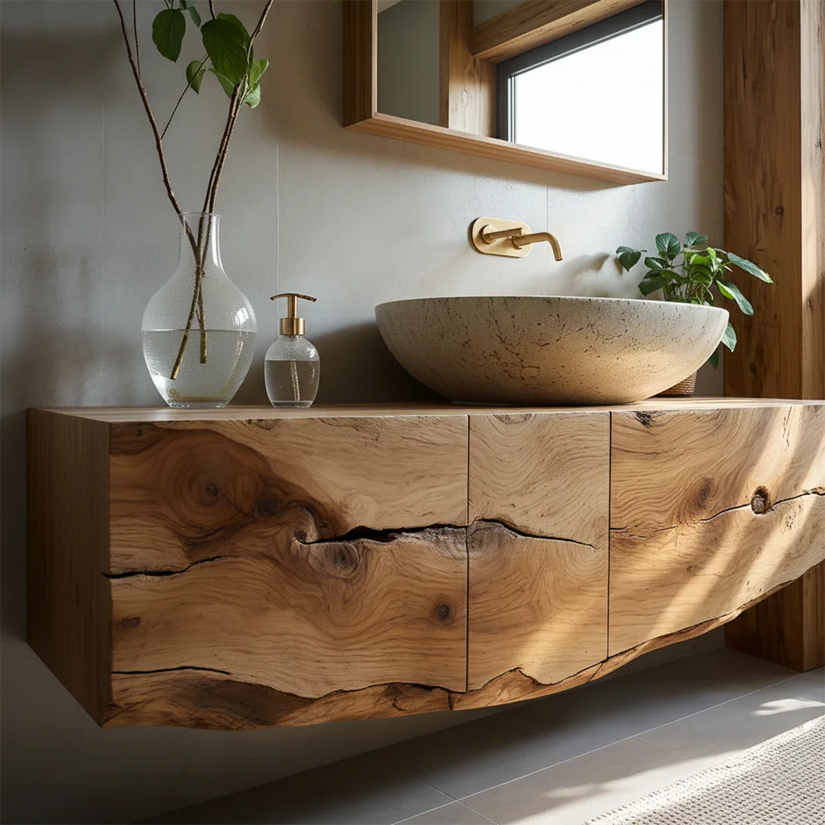 Live Edge Solid Wood Floating Vanity with Stone Basin - Rustira