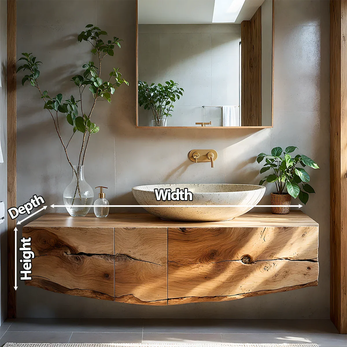 Live Edge Solid Wood Floating Vanity with Stone Basin - Rustira