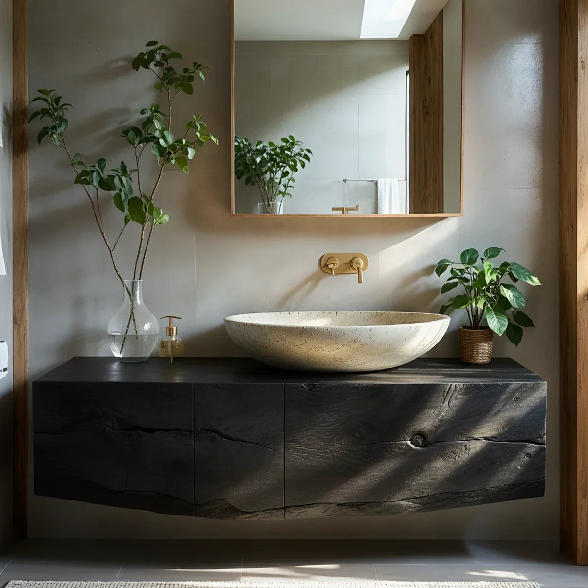 Live Edge Solid Wood Floating Vanity with Stone Basin - Rustira