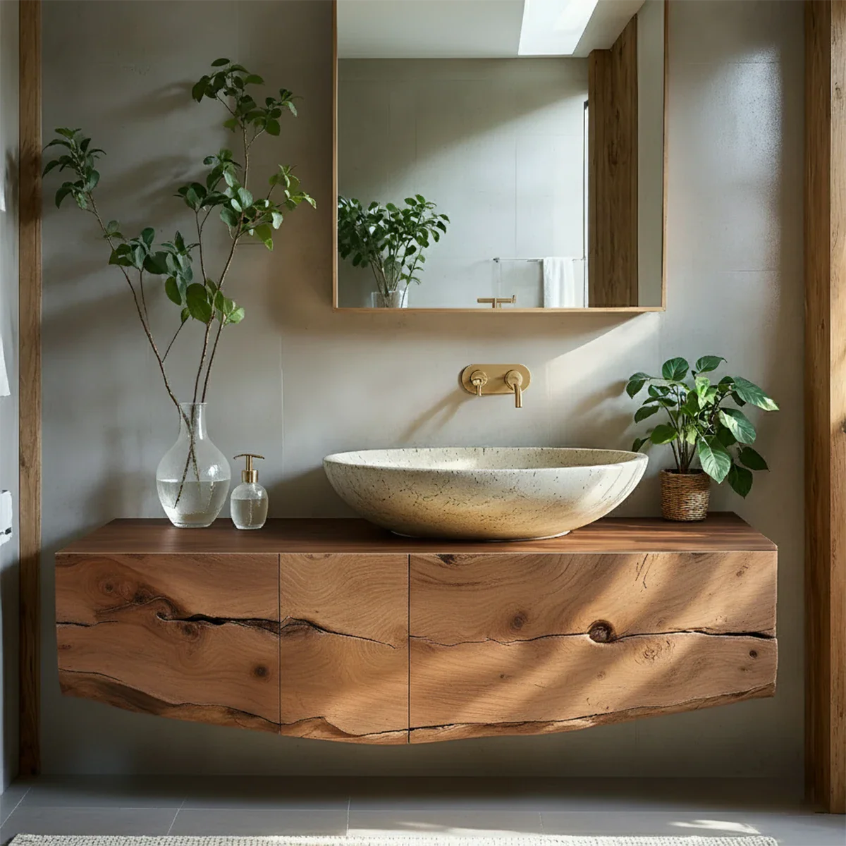 Live Edge Solid Wood Floating Vanity with Stone Basin - Rustira