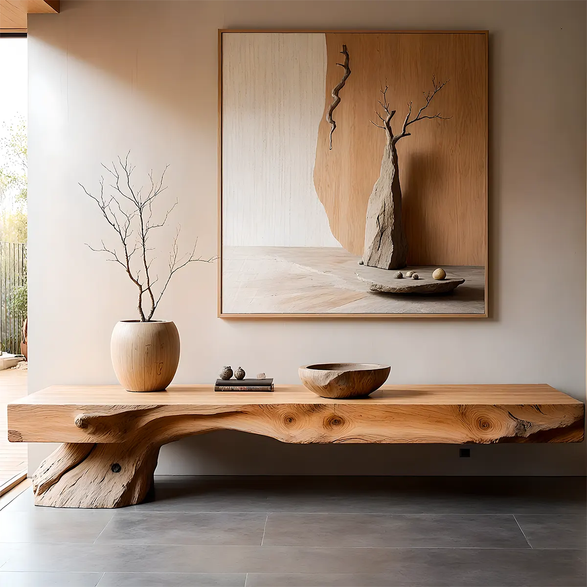 Live Edge Solid Wood TV Stand — Organic Zen Sculptural Base - Rustira