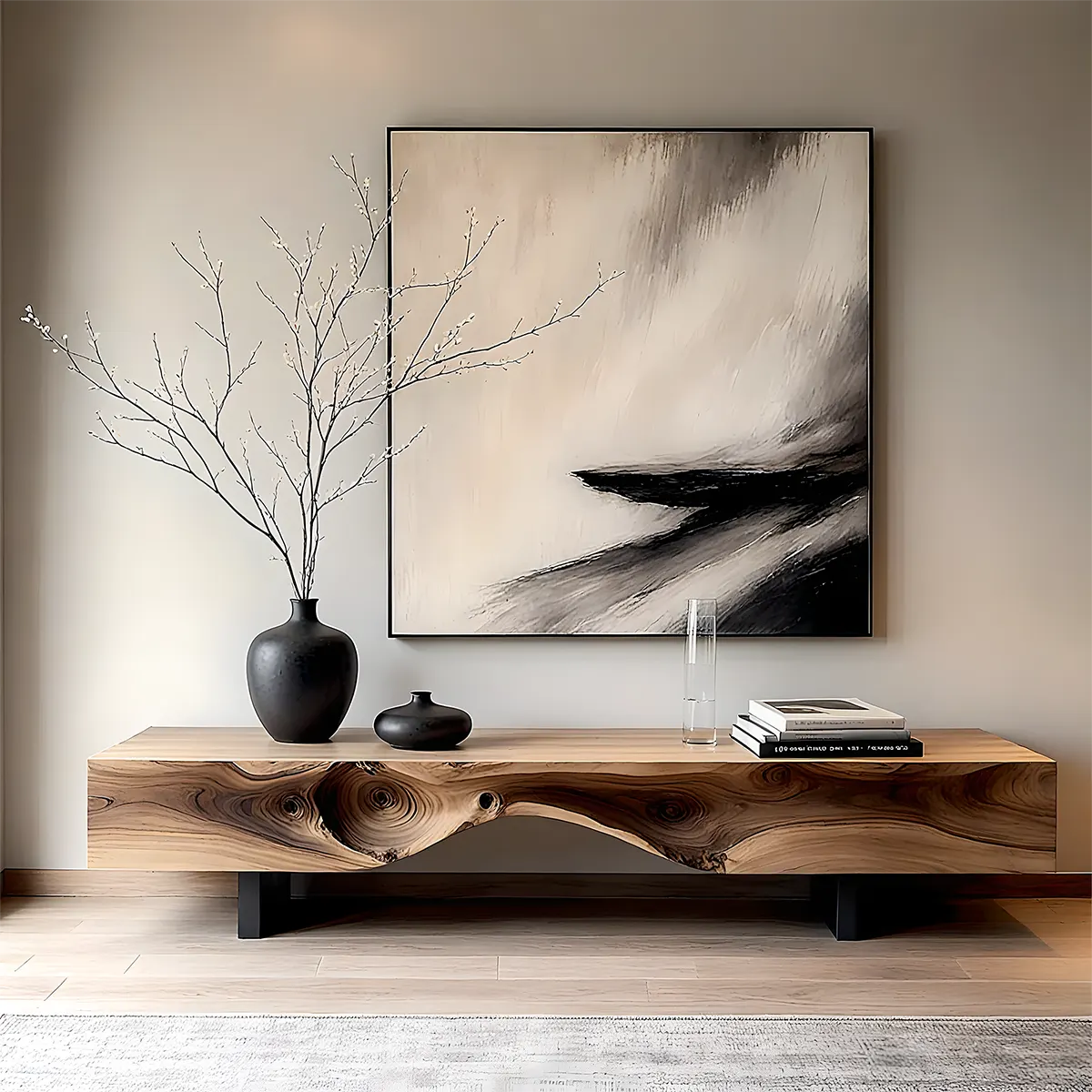 Live-Edge Solid Wood TV Stand — Sculpted Drift Form - Rustira