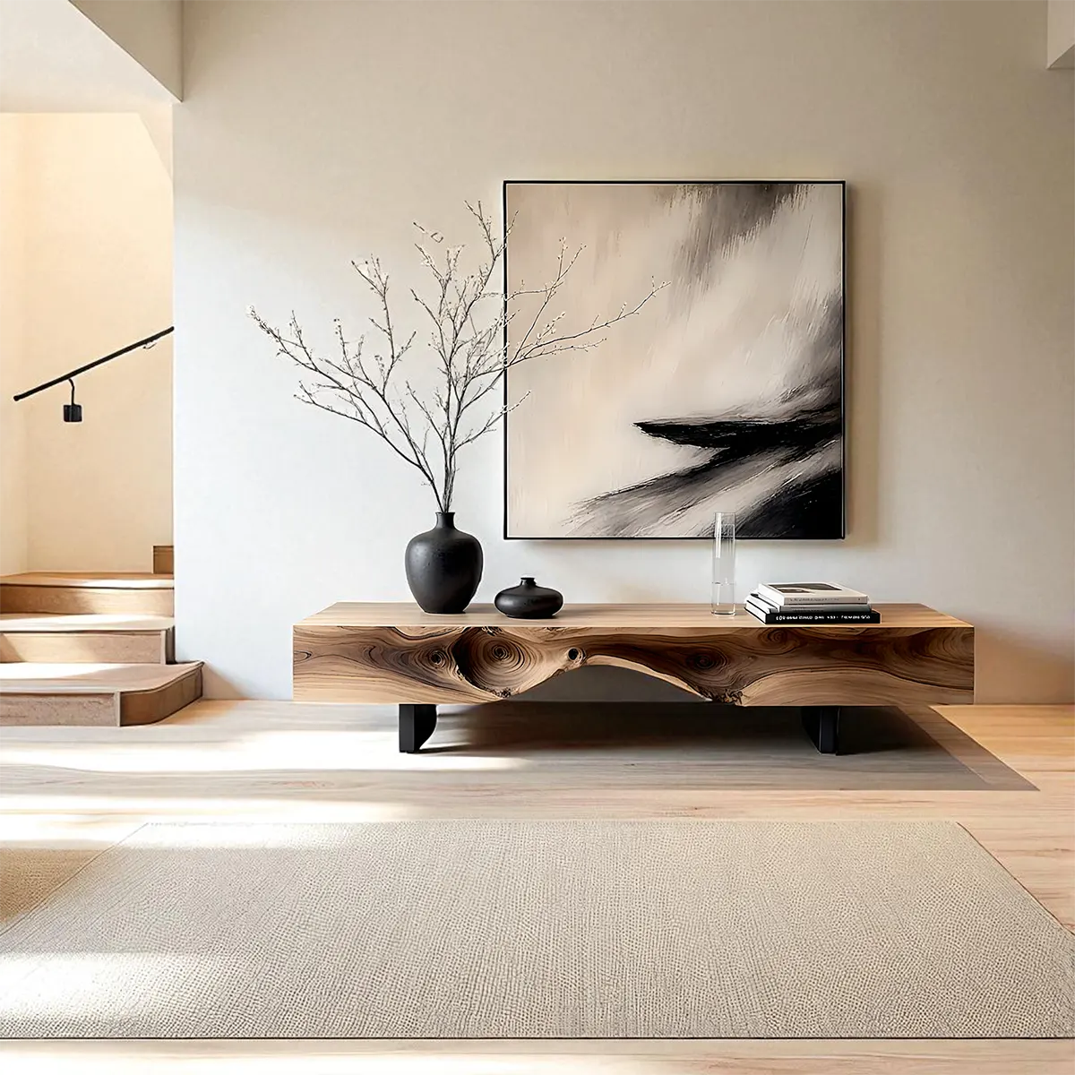 Live-Edge Solid Wood TV Stand — Sculpted Drift Form - Rustira