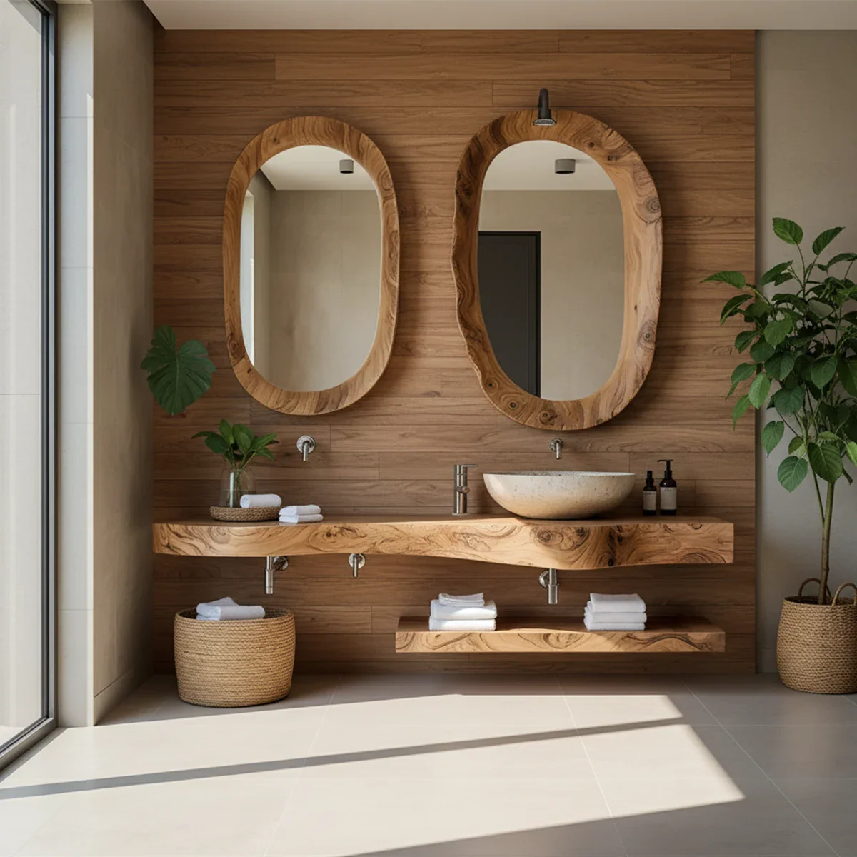 Live Edge Solid Wood Vanity with Dual Organic Mirrors - Rustira