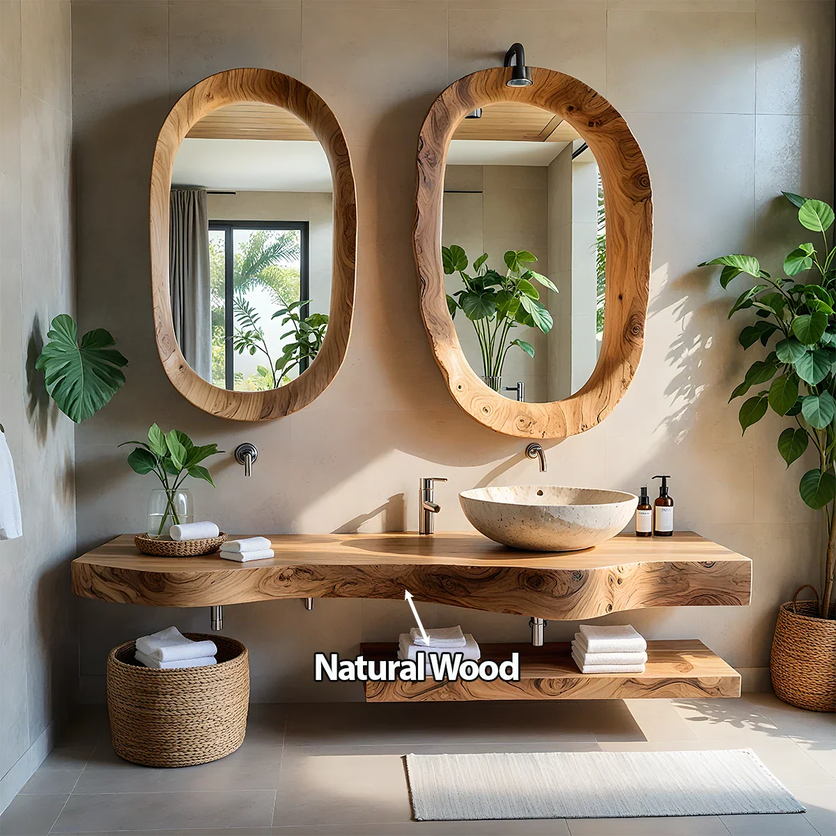 Live Edge Solid Wood Vanity with Dual Organic Mirrors - Rustira