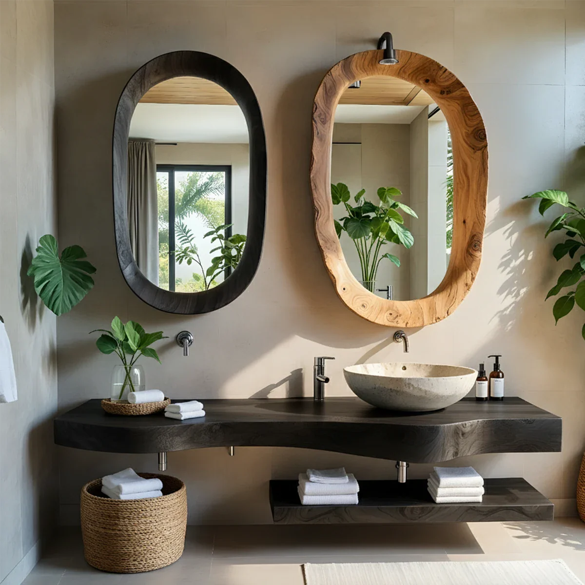 Live Edge Solid Wood Vanity with Dual Organic Mirrors - Rustira