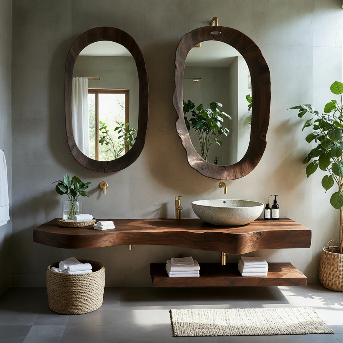 Live Edge Solid Wood Vanity with Dual Organic Mirrors - Rustira