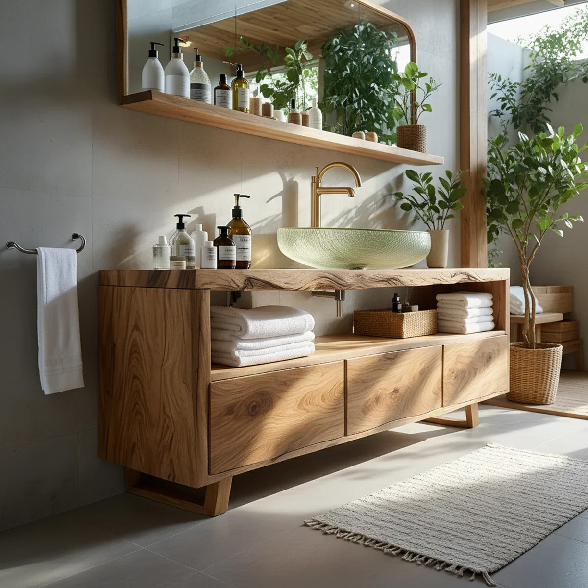 Live Edge Solid Wood Vanity with Storage – Japandi Spa Bathroom Console - Rustira