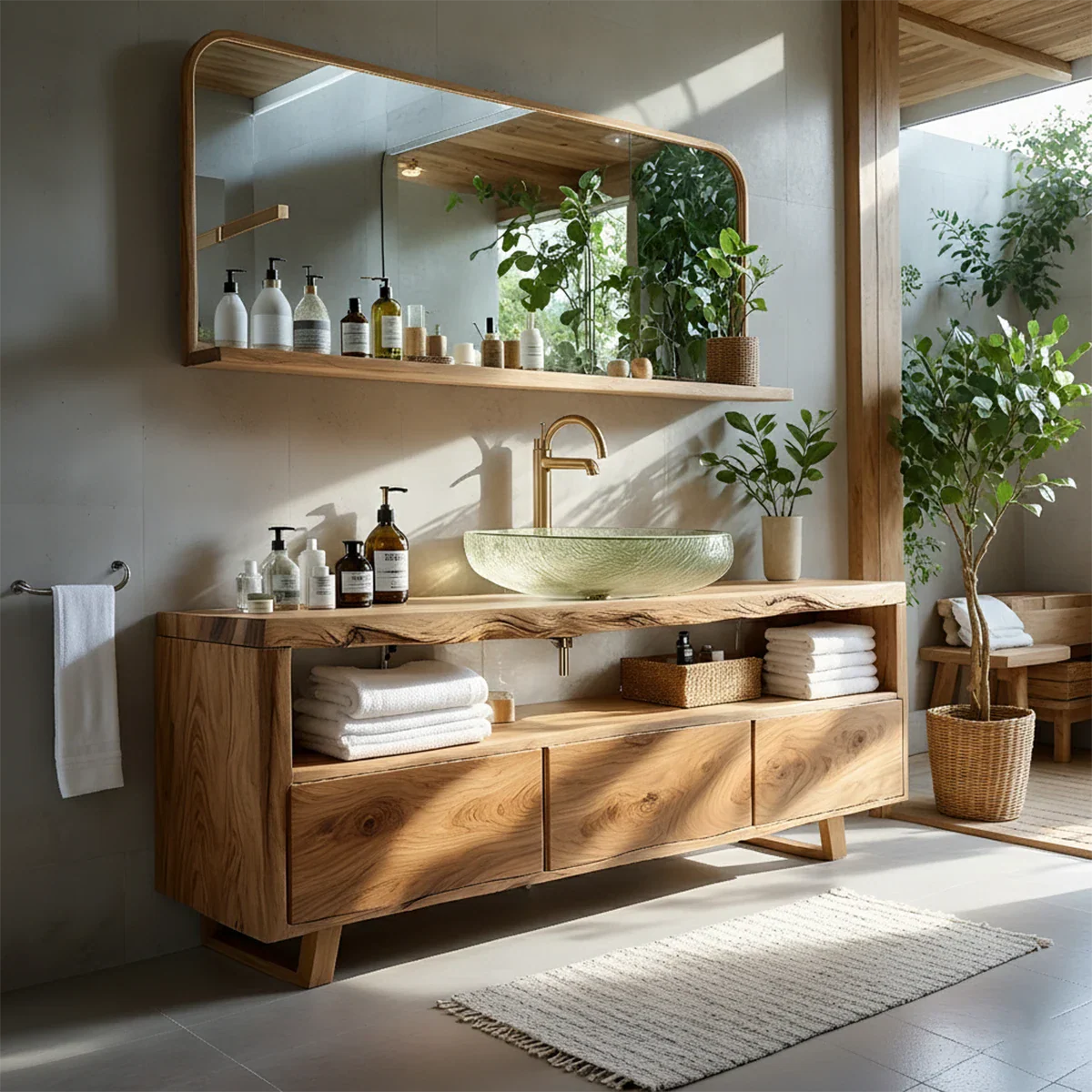 Live Edge Solid Wood Vanity with Storage – Japandi Spa Bathroom Console - Rustira