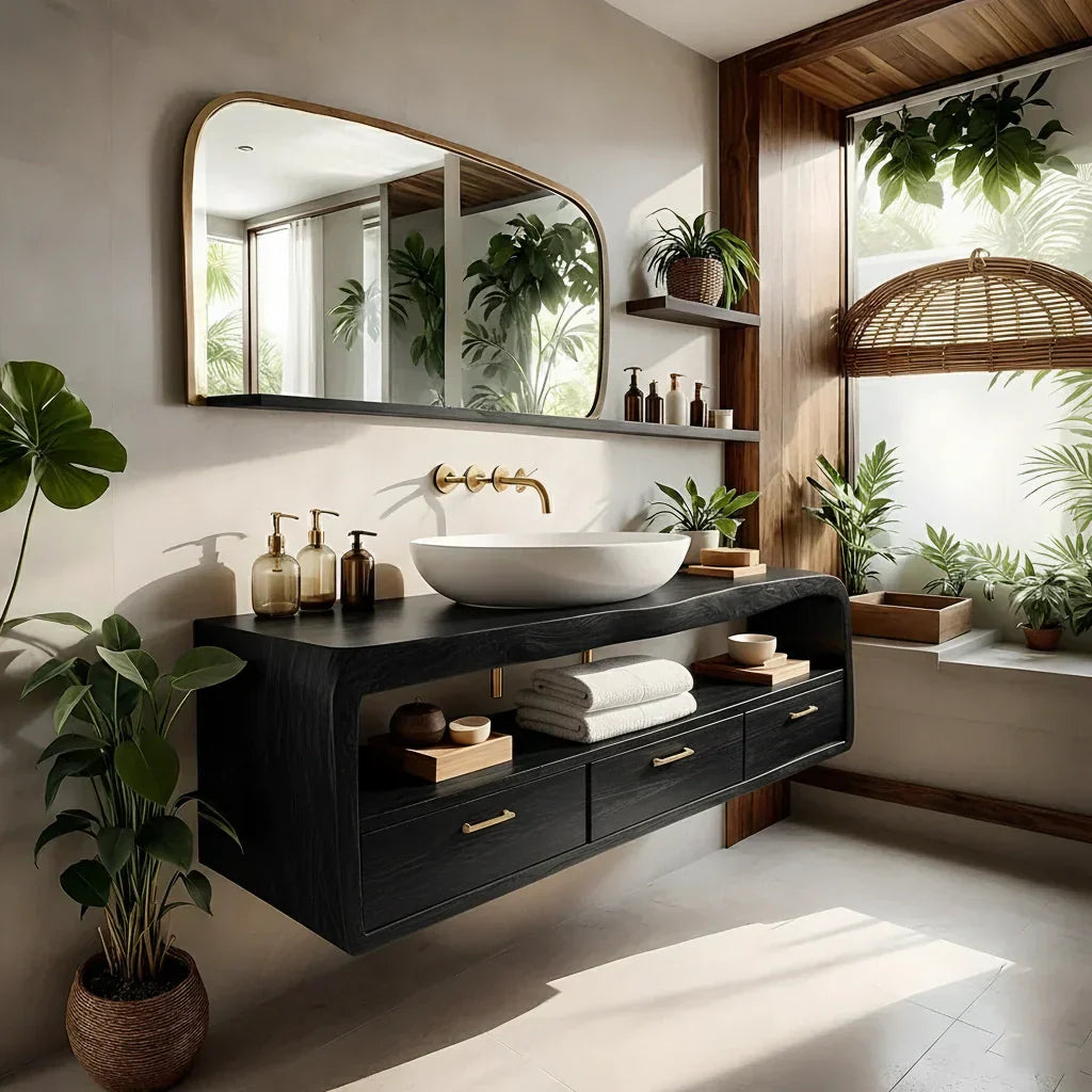 Live-Edge Walnut Finish Floating Bathroom Vanity - Solid Wood Bathroom Cabinet - Rustirawood