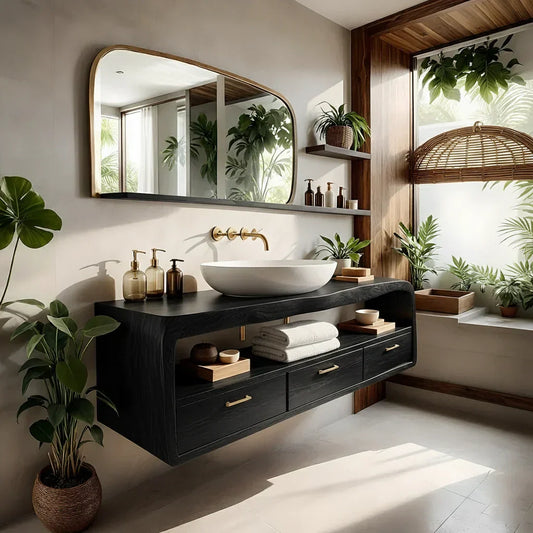 Live-Edge Walnut Finish Floating Bathroom Vanity - Solid Wood Bathroom Cabinet - Rustirawood