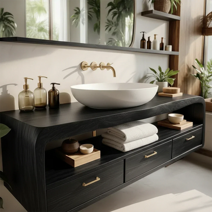 Live-Edge Walnut Finish Floating Bathroom Vanity - Solid Wood Bathroom Cabinet - Rustirawood