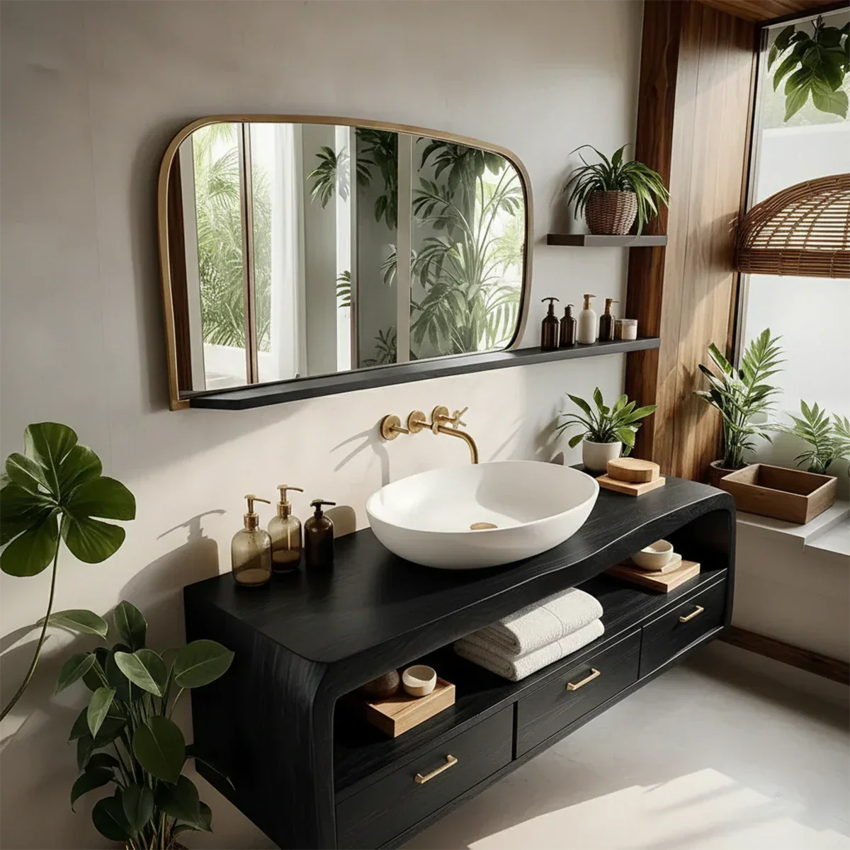 Live-Edge Walnut Finish Floating Bathroom Vanity - Solid Wood Bathroom Cabinet - Rustirawood