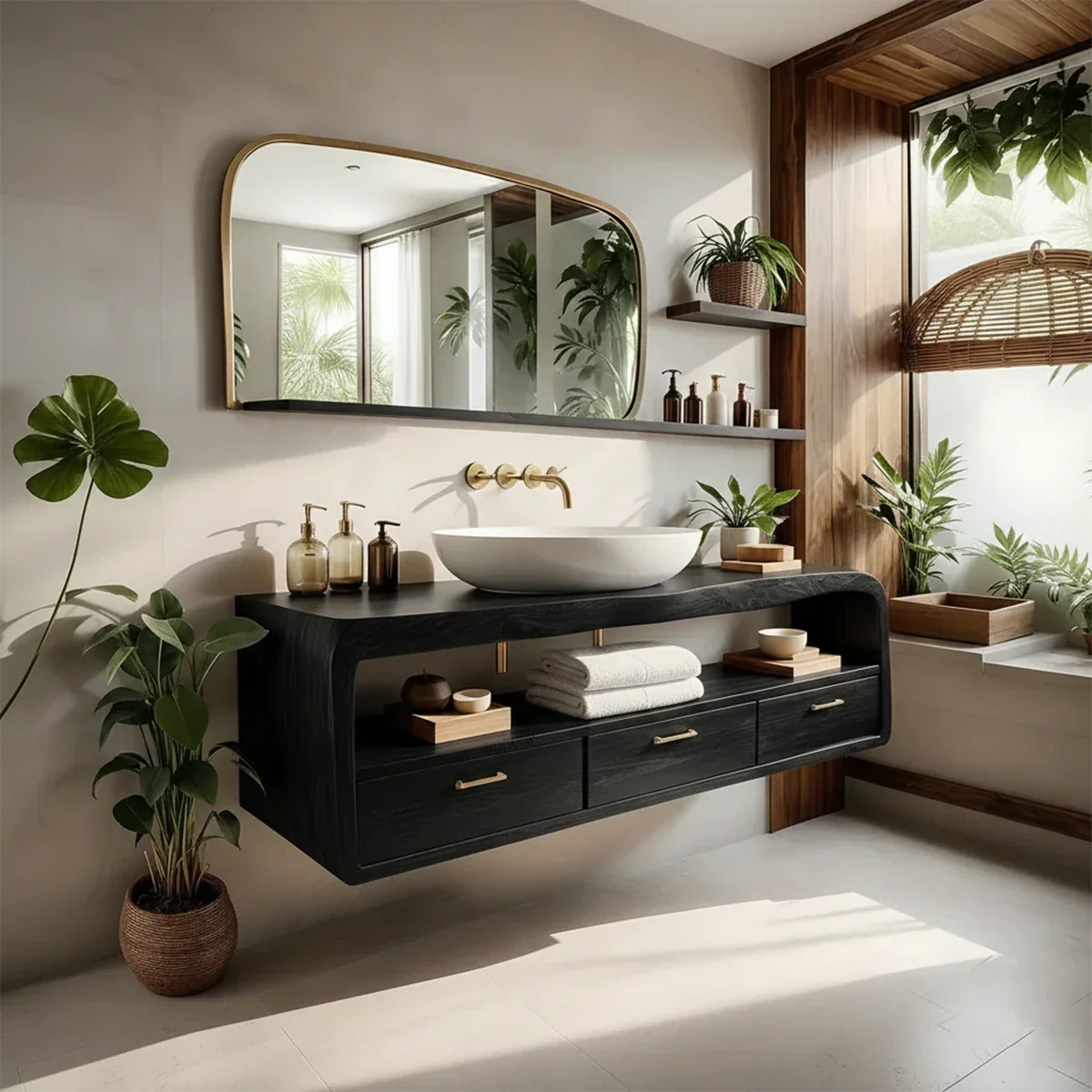 Live-Edge Walnut Finish Floating Bathroom Vanity - Solid Wood Bathroom Cabinet - Rustirawood