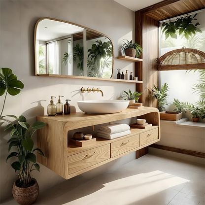 Live-Edge Walnut Finish Floating Bathroom Vanity - Solid Wood Bathroom Cabinet - Rustirawood