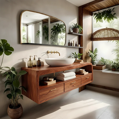 Live-Edge Walnut Finish Floating Bathroom Vanity - Solid Wood Bathroom Cabinet - Rustirawood