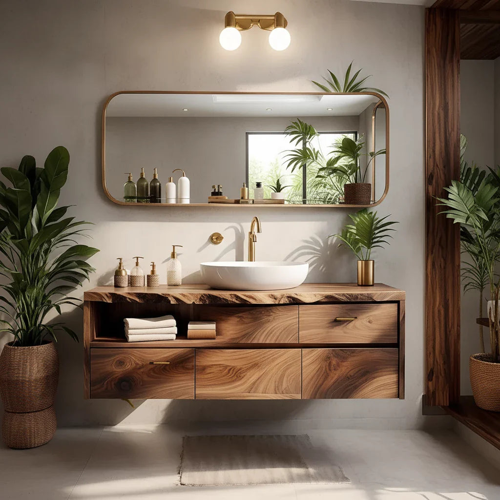Live-Edge Walnut Floating Bathroom Vanity - Solid Wood Bathroom Cabinet - Rustira
