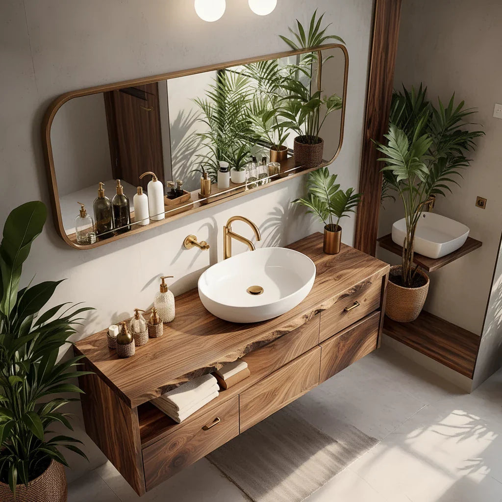 Live-Edge Walnut Floating Bathroom Vanity - Solid Wood Bathroom Cabinet - Rustira