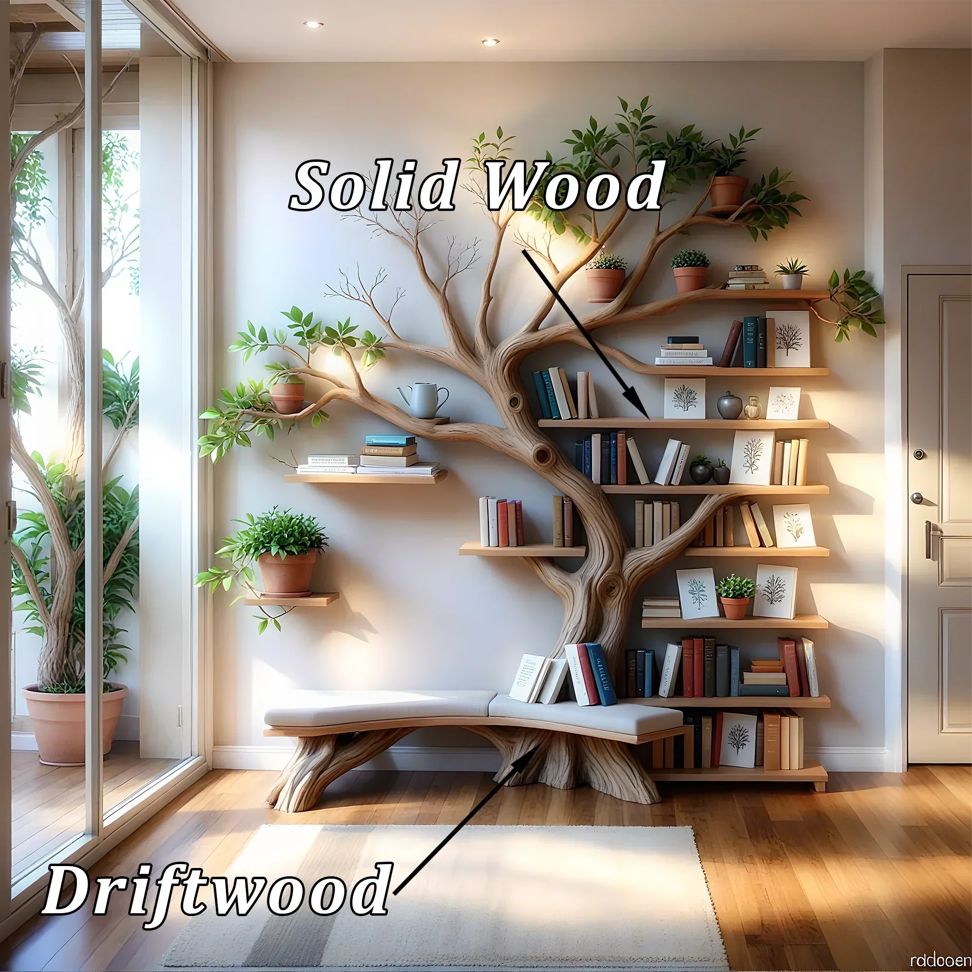 Tree-Shaped Bookcase – Solid Wood Bookshelf for Books, Plants & Decorations 