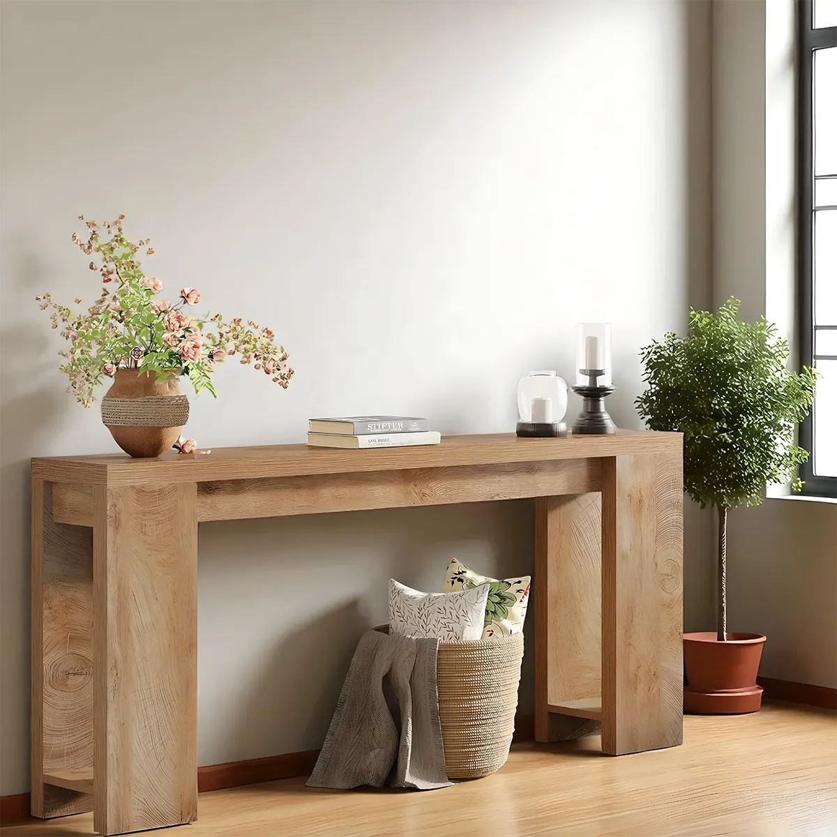 Long natural wood console table – Modern minimalist design 