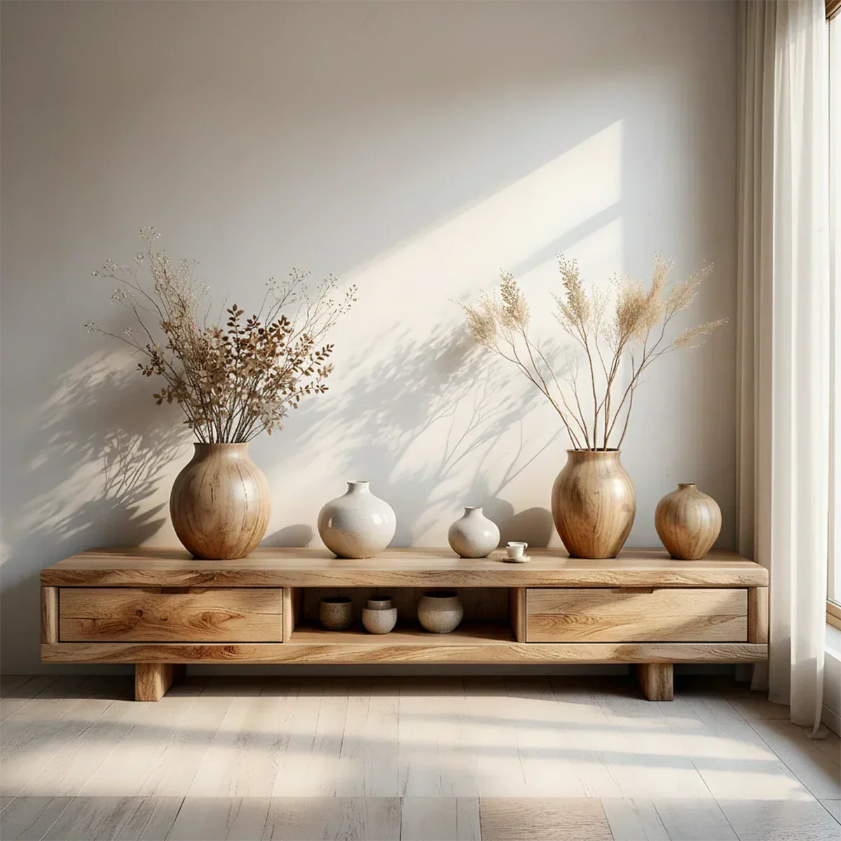 Low Solid Wood Japandi TV Stand – Minimal Zen Media Console - Rustirawood