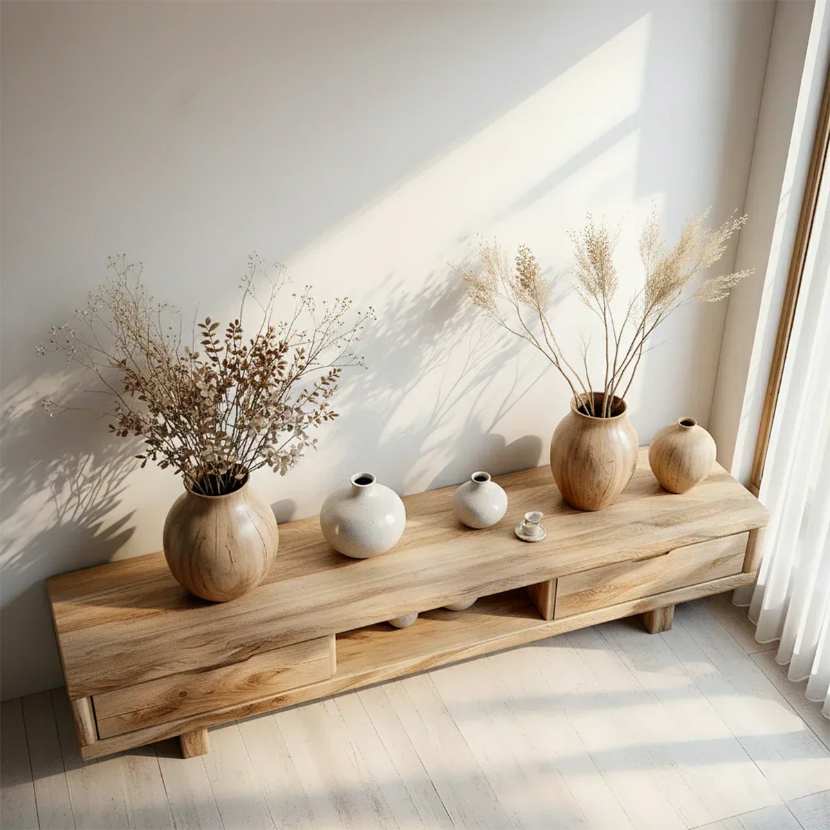 Low Solid Wood Japandi TV Stand – Minimal Zen Media Console - Rustirawood