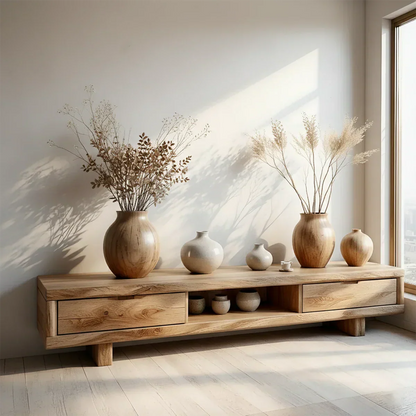 Low Solid Wood Japandi TV Stand – Minimal Zen Media Console - Rustirawood