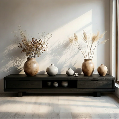 Low Solid Wood Japandi TV Stand – Minimal Zen Media Console - Rustirawood