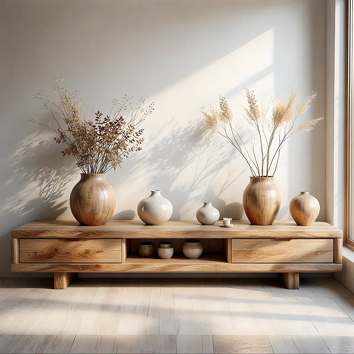 Low Solid Wood Japandi TV Stand – Minimal Zen Media Console - Rustirawood