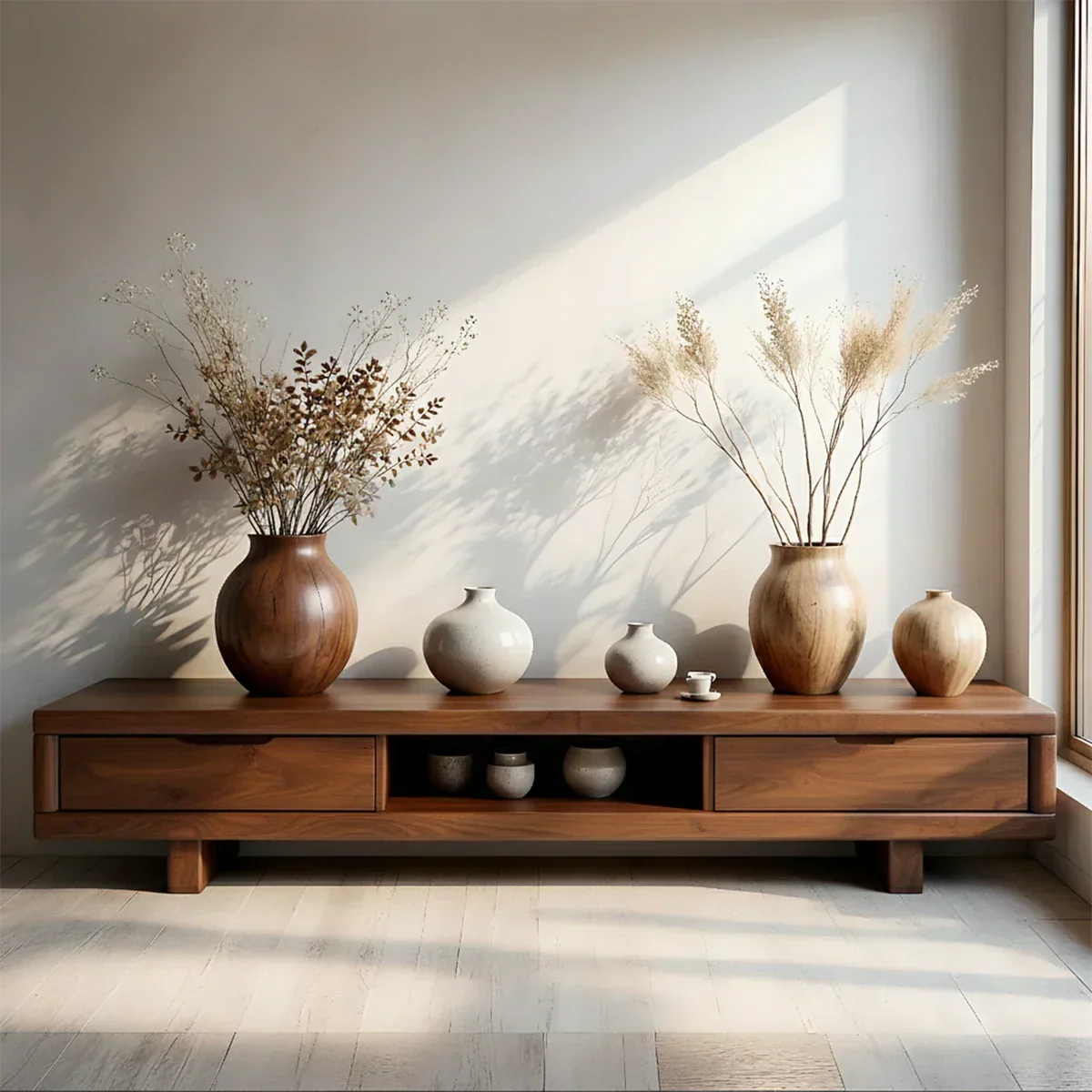 Low Solid Wood Japandi TV Stand – Minimal Zen Media Console - Rustirawood