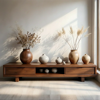 Low Solid Wood Japandi TV Stand – Minimal Zen Media Console - Rustirawood
