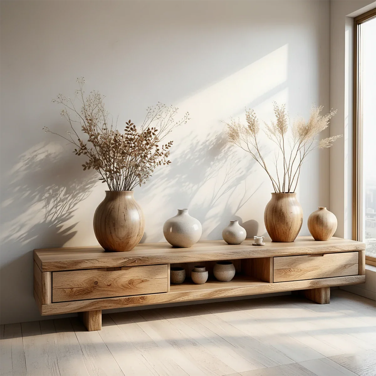 Low Solid Wood Japandi TV Stand – Minimal Zen Media Console - Rustira