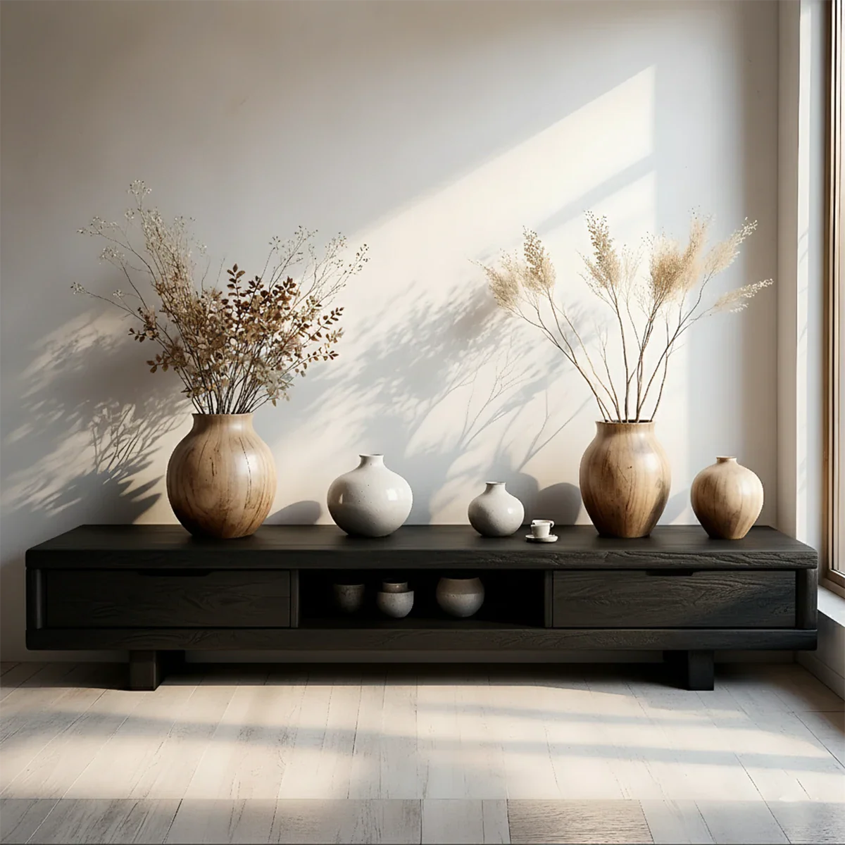 Low Solid Wood Japandi TV Stand – Minimal Zen Media Console - Rustira