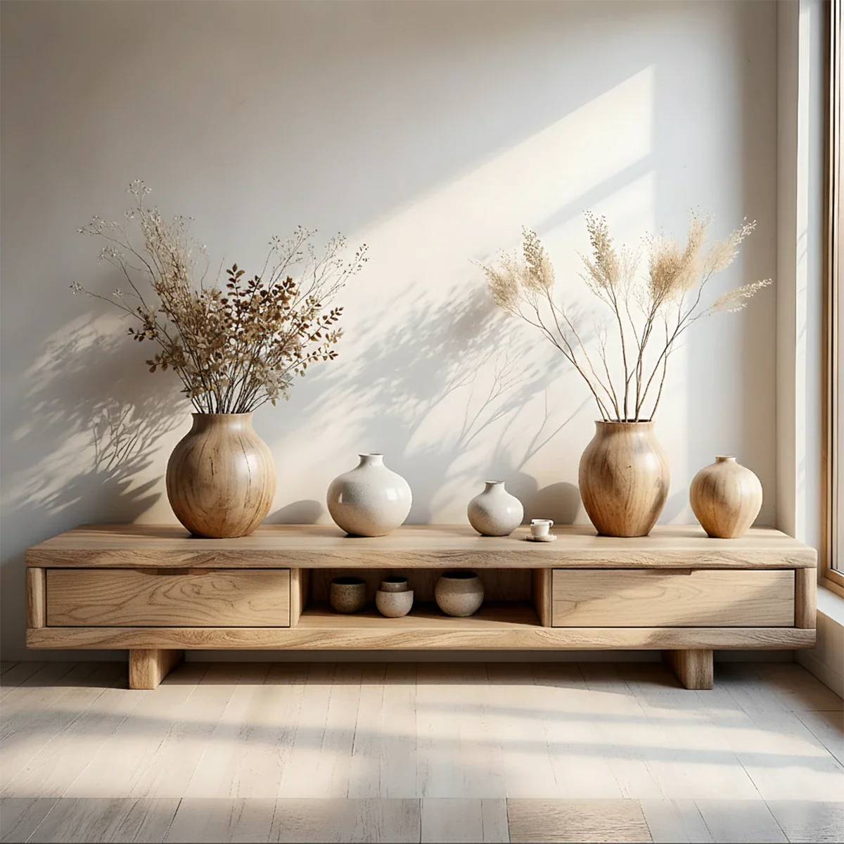 Low Solid Wood Japandi TV Stand – Minimal Zen Media Console - Rustira