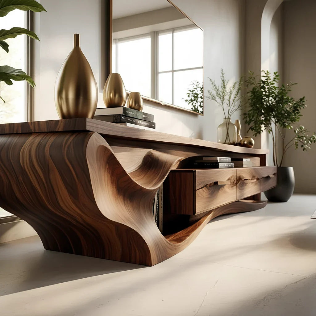 Luxury Wave-Carved Solid Wood TV Stand - Organic Modern Media Console - Rustira