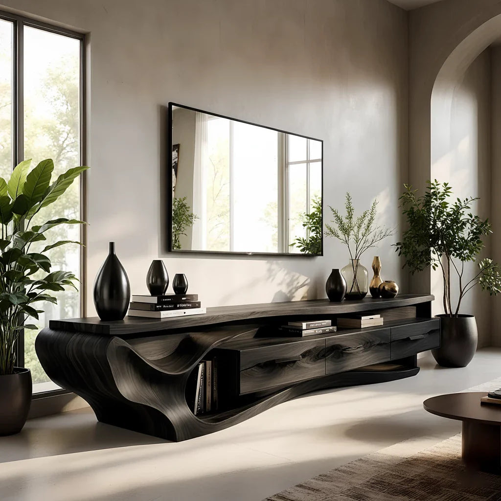 Luxury Wave-Carved Solid Wood TV Stand - Organic Modern Media Console - Rustira