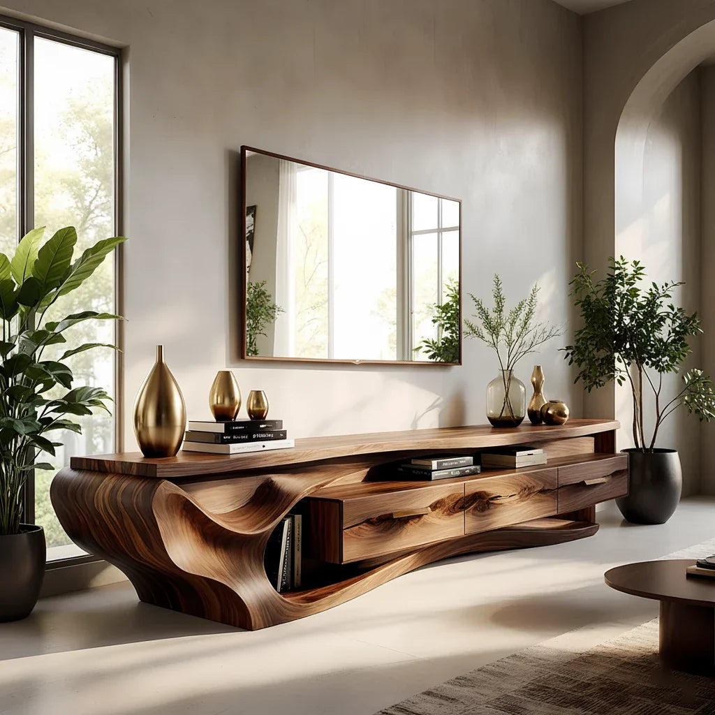 Luxury Wave-Carved Solid Wood TV Stand - Organic Modern Media Console - Rustira