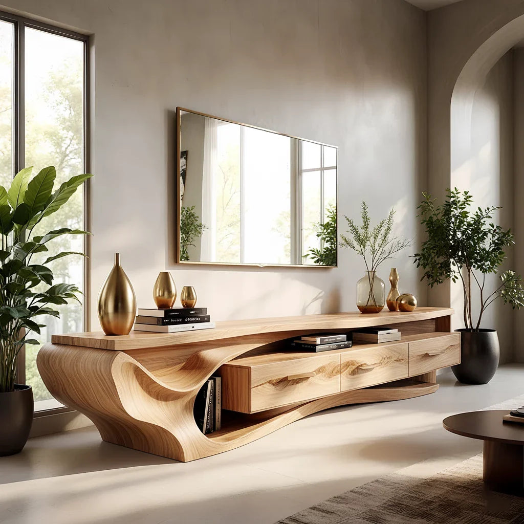 Luxury Wave-Carved Solid Wood TV Stand - Organic Modern Media Console - Rustira