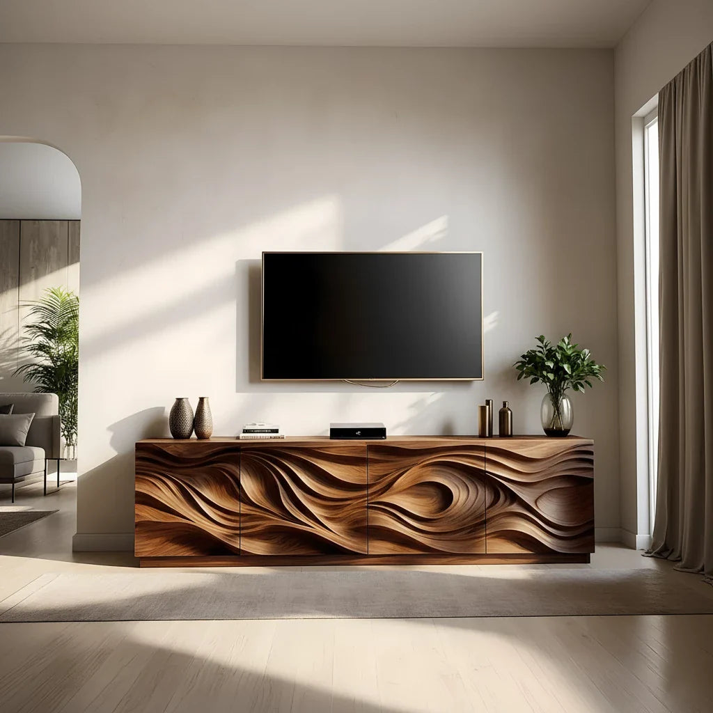 Luxury Wave Carved Solid Wood TV Stand - Sculptural Media Console - Rustira