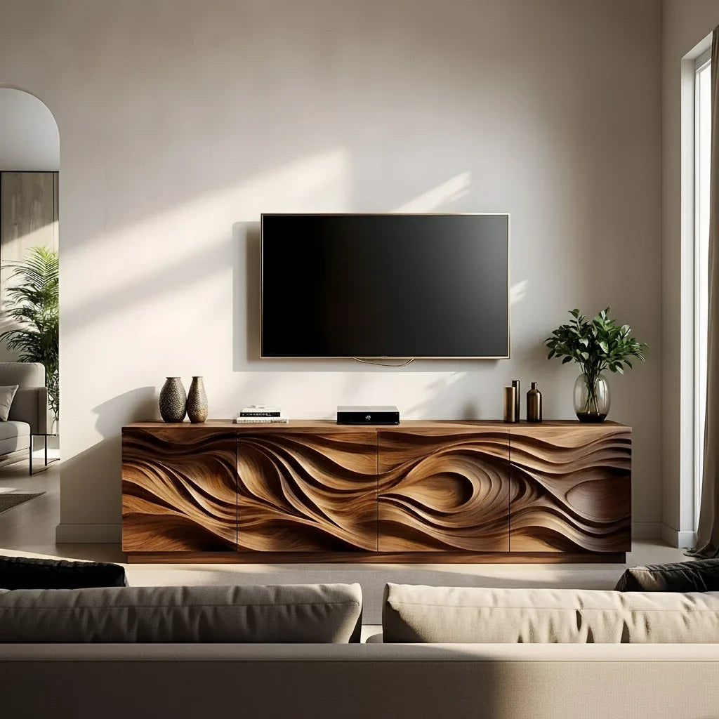 Luxury Wave Carved Solid Wood TV Stand - Sculptural Media Console - Rustira