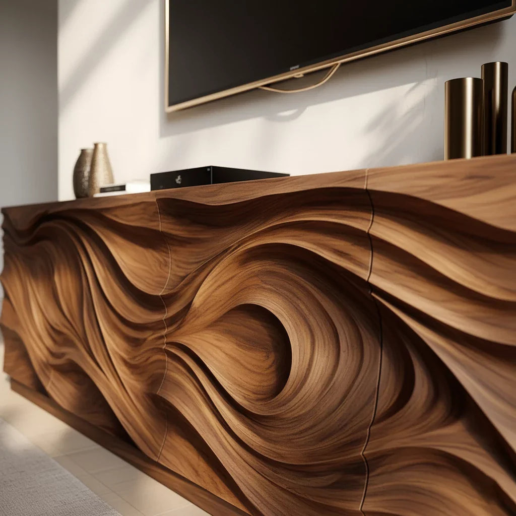 Luxury Wave Carved Solid Wood TV Stand - Sculptural Media Console - Rustira