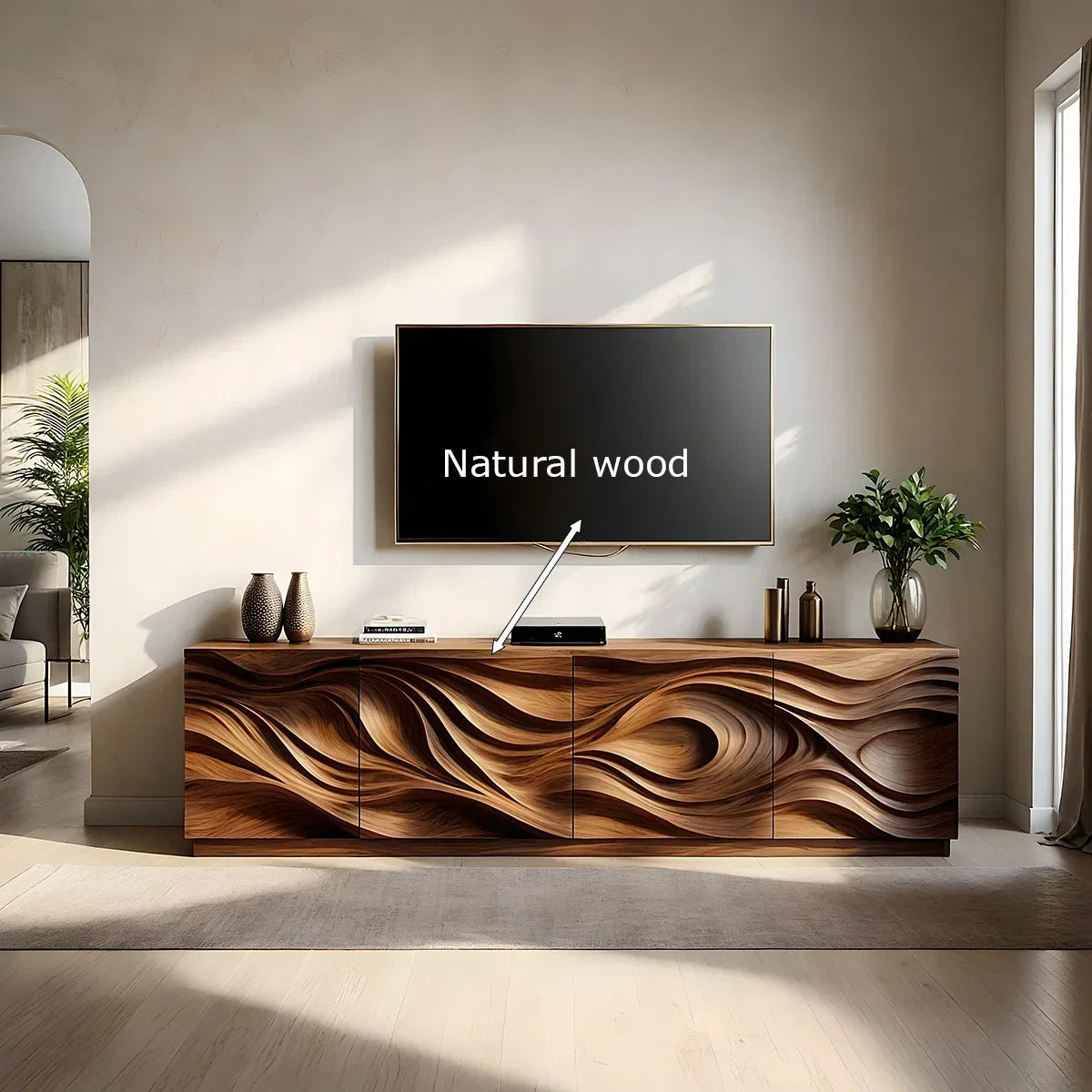 Luxury Wave Carved Solid Wood TV Stand - Sculptural Media Console - Rustira
