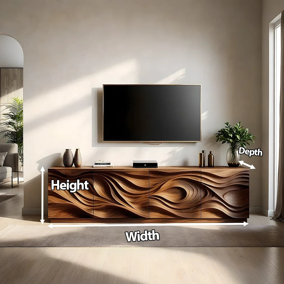 Luxury Wave Carved Solid Wood TV Stand - Sculptural Media Console - Rustira