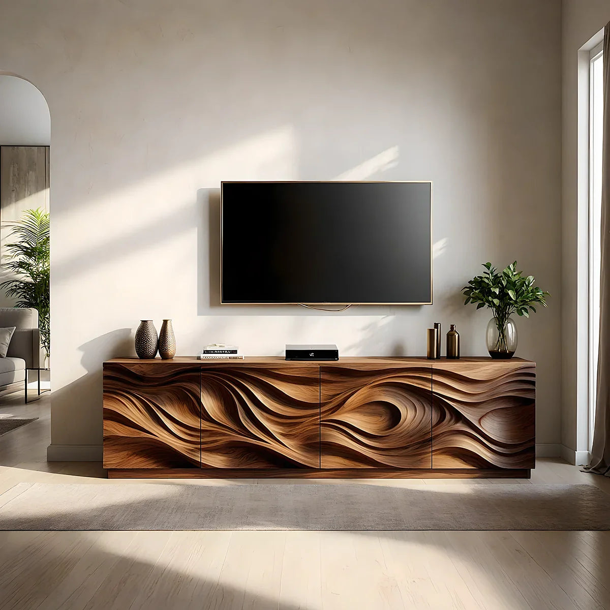 Luxury Wave Carved Solid Wood TV Stand - Sculptural Media Console - Rustira