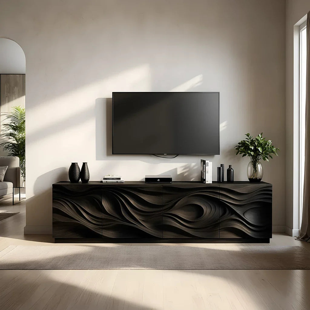 Luxury Wave Carved Solid Wood TV Stand - Sculptural Media Console - Rustira