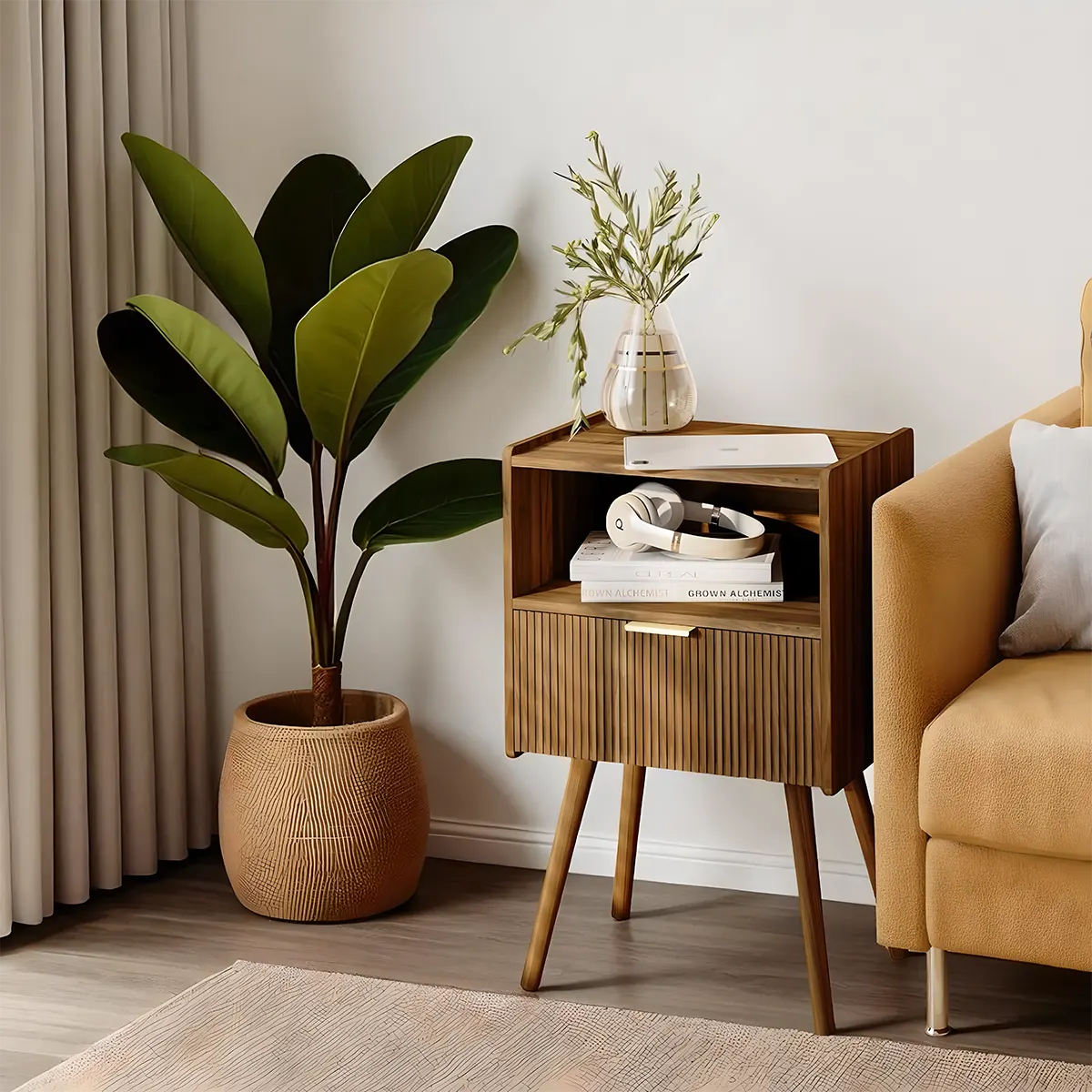 Mid‑Century Brown Wood End Table – Refined Retro Bedside Shelf 