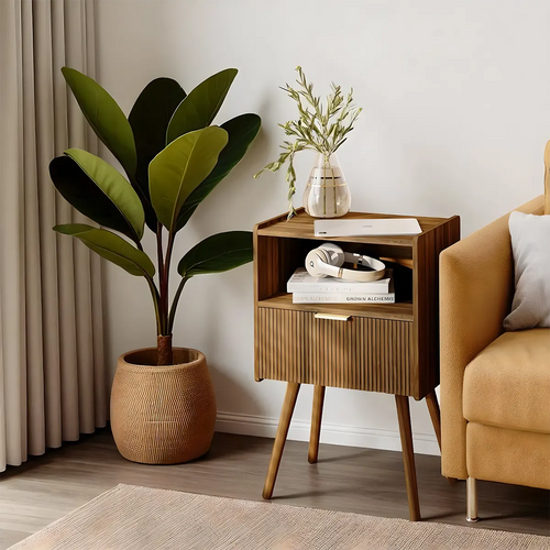 Mid‑Century Brown Wood End Table – Refined Retro Bedside Shelf 