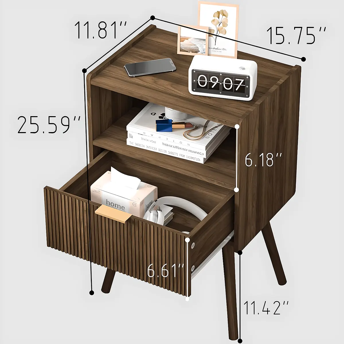 Mid‑Century Brown Wood End Table – Refined Retro Bedside Shelf 